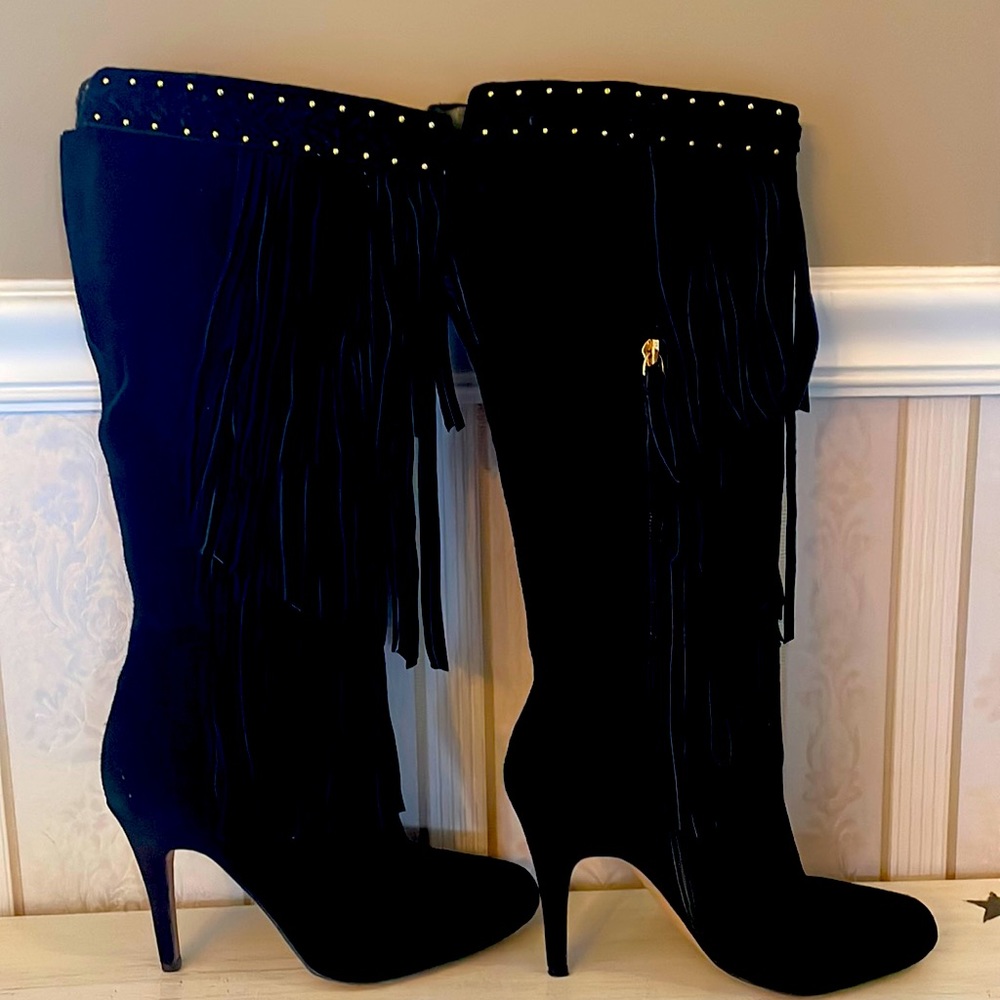 Black Suede Fringed Boots